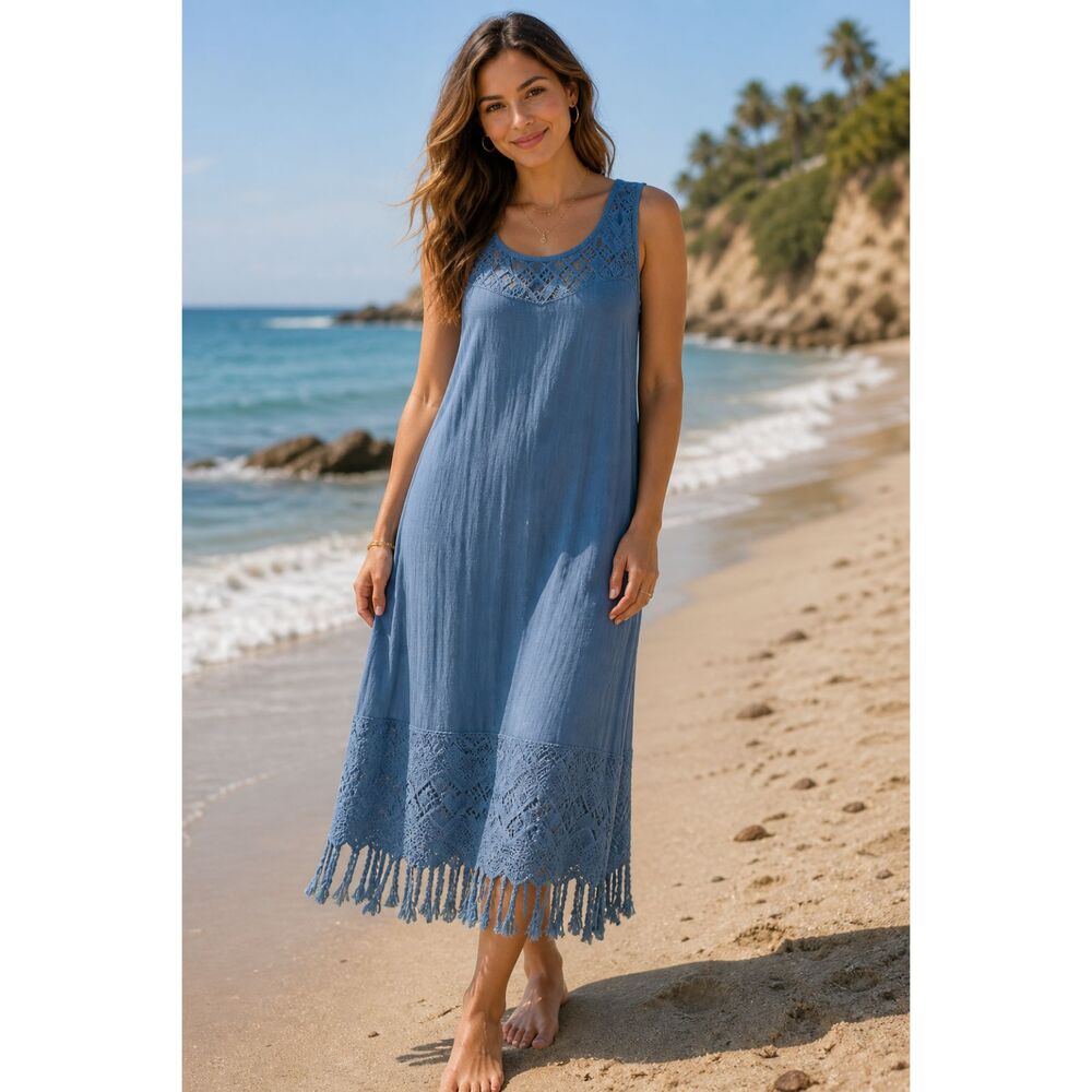 Monoreno Blue Gauze Crochet Trim Fringed Boho Sleeveless Midi Dress Sz Small